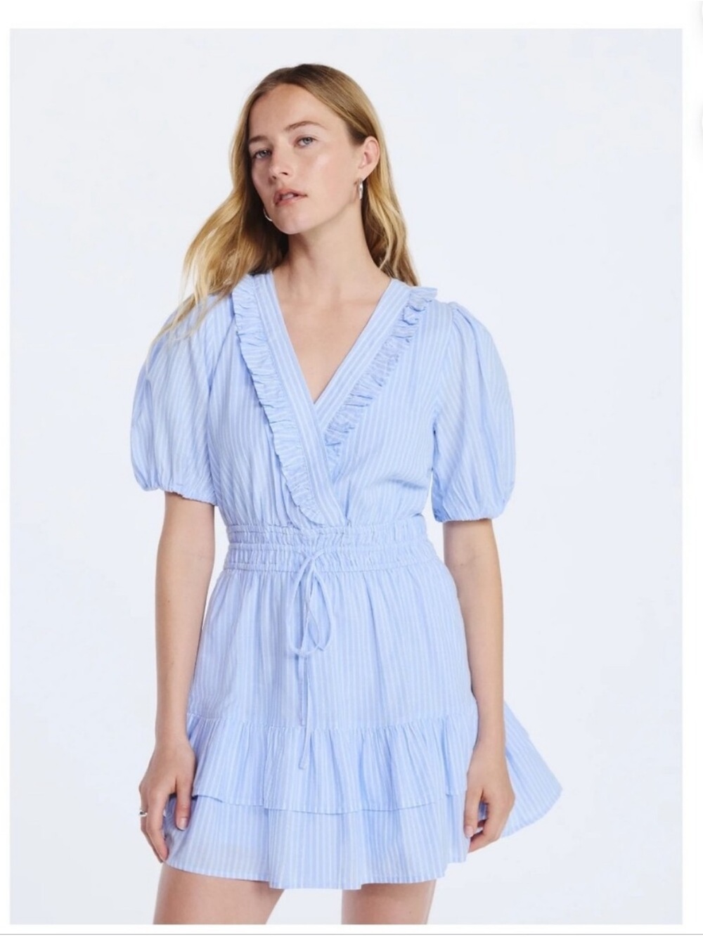 Light Blue Striped V-Neck Ruffle Mini Dress